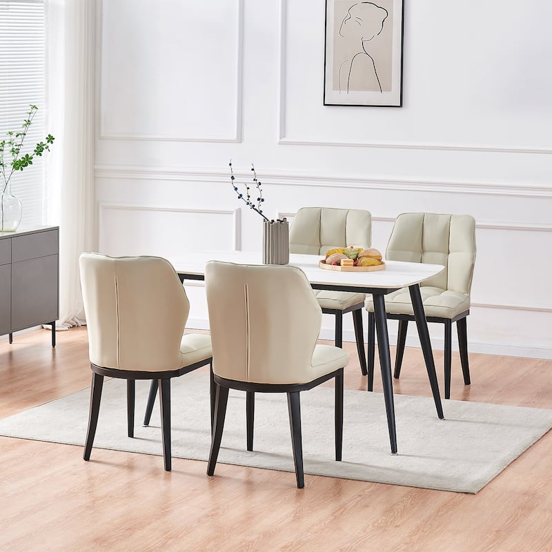 Checkered Faux Leather Upholstered Dining Chairs, Set of 2/4 - 33.7"H x 17.4"W x 17.4"D - Set of 4 - Beige