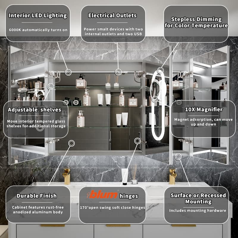 Modland Recessed Smart Mirror Cabinet 24-48x32" with Lights, Anti-Fog, Outlet & Magnifier - Adjustable Shelves