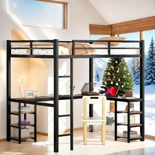 Full Metal Loft Bed with Desk and Shelves, Loft Bed with Ladder and Guardrails, Loft Bed Frame for Bedroom