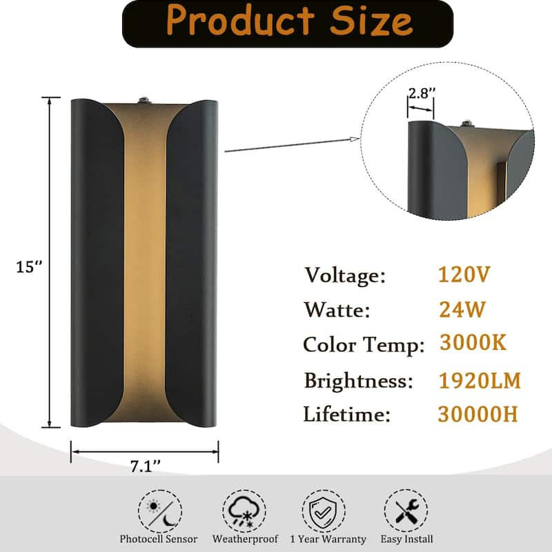Matte Black 24W Integrated LED AWall Sconce with Acrylic Shade Modern Simplicity Outdoor Wall Light with Dusk to Dawn Sensor