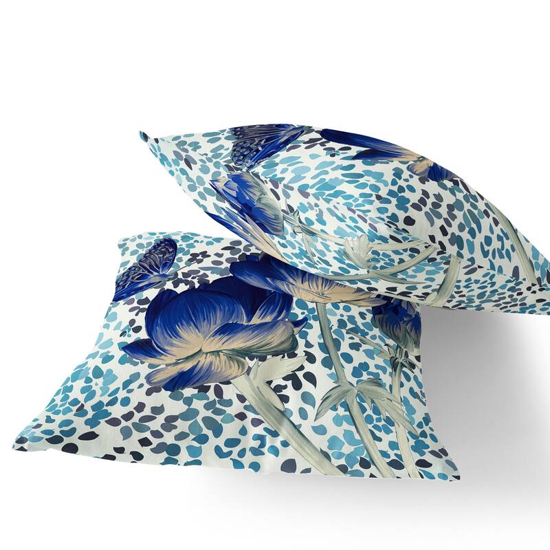 HomeRoots Set of Two 16" X 16" Blue and Off White Butterfly Blown Seam Floral Indoor Outdoor Throw Pillow