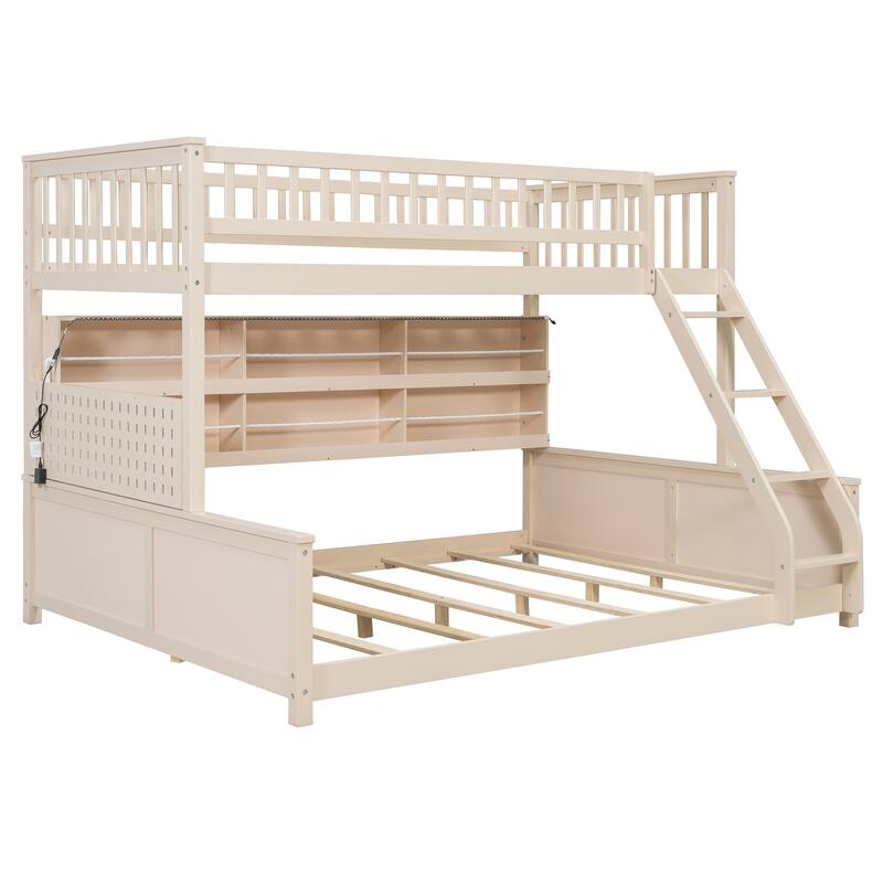 Twin XL over Queen Bunk Bed with Integrated Shelving, Color-Changing Lights and Pegboard