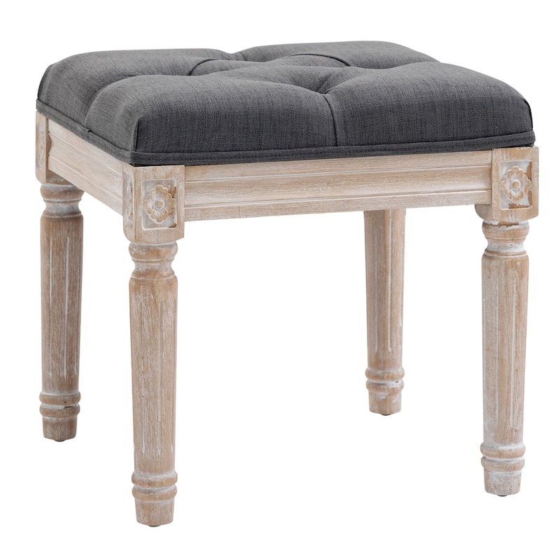 HOMCOM 15.75" Vintage Ottoman, Tufted Foot Stool with Upholstered Seat, Rustic Wood Legs for Bedroom, Living Room