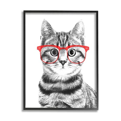 Stupell Black White Monochrome Cat Red Glasses Design Framed Wall Art