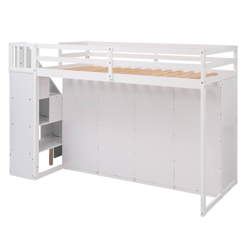 Twin Loft Bed with Wardrobes, Shelves, and Drawers, Space-Saving Design