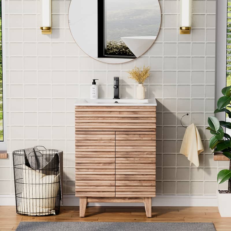 Bathroom Vanity Set W/Drop in Sink Faucet Cabinet Combo - 24 in & ceramic sink - Walnut