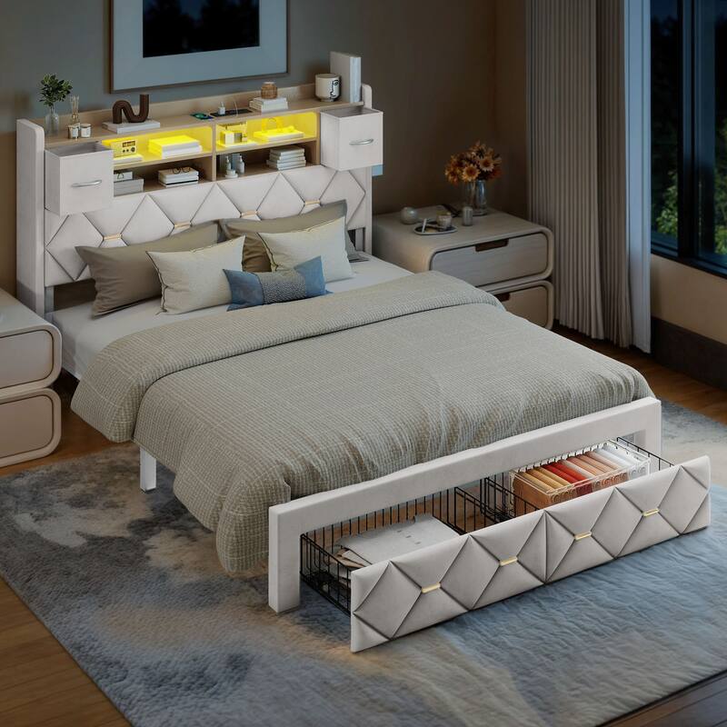 Farmhouse Bed Frame Upholstered Headboard Platform Bed with Charging Station