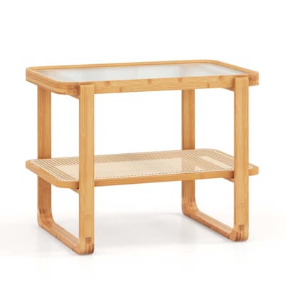 Costway Bamboo Side Table with Rattan Shelf Glass Top Nightstand Small