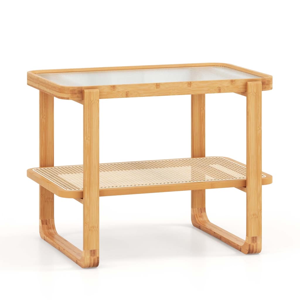 Costway Bamboo Side Table with Rattan Shelf Glass Top Nightstand Small
