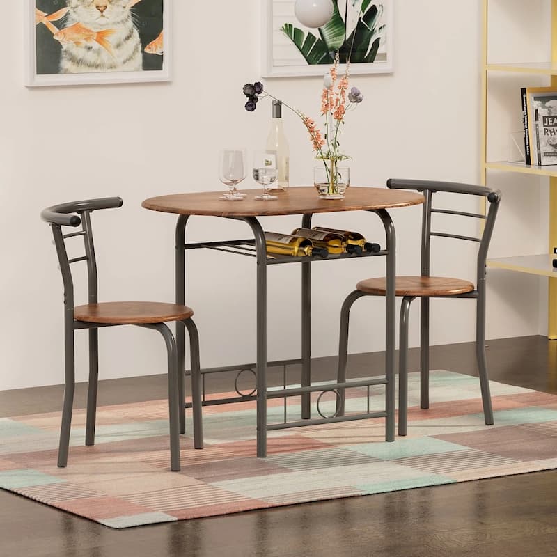 Furniwell 3 PC Dining set Small Dining Table Wood and Metal for Living Room Dining Room Kitchen - Brown
