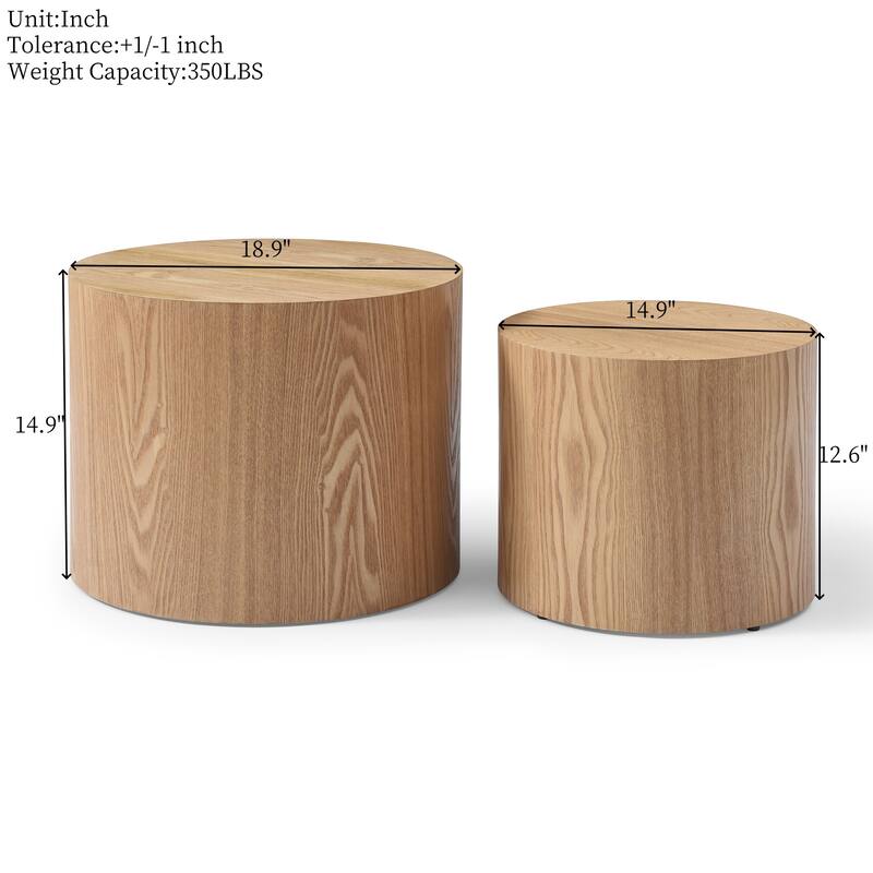 Wood Grain Coffee Table Set of 2 Round Nesting Side Table Lightweight End Table Modern Accent Table, No Assembly Required