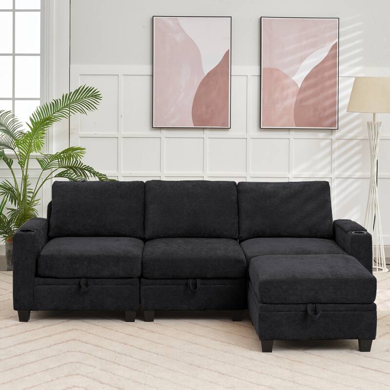 Chenille Sectional Sofa, Hidden Storage & Modular Design