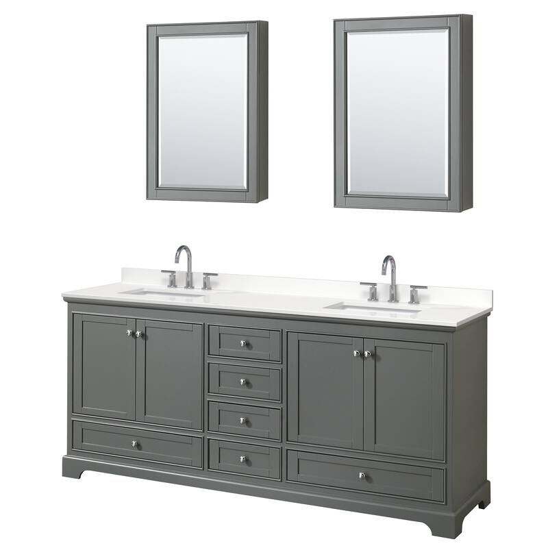 Deborah 80-inch Double Vanity, Quartz Top, Medicine Cabinets - Dark Gray, Chrome Trim, White Quartz Top