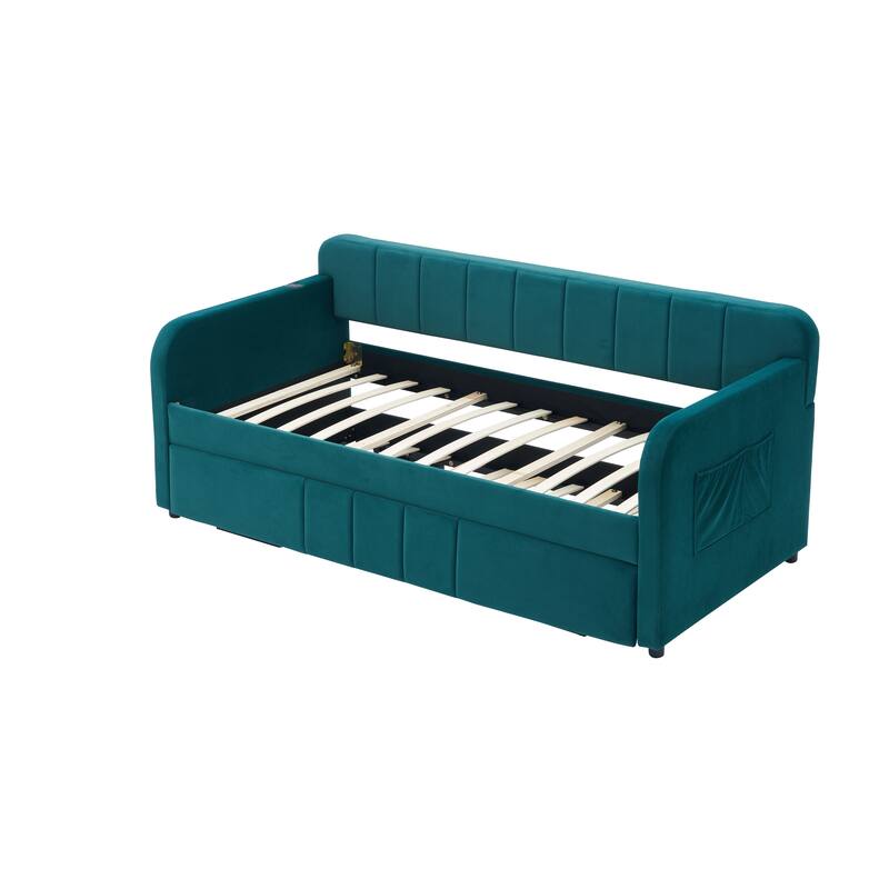Twin Size Velvet Upholstered Daybed, Wood Sofa Bed Frame Daybed Couch with Trundle Bed and Wood Slat