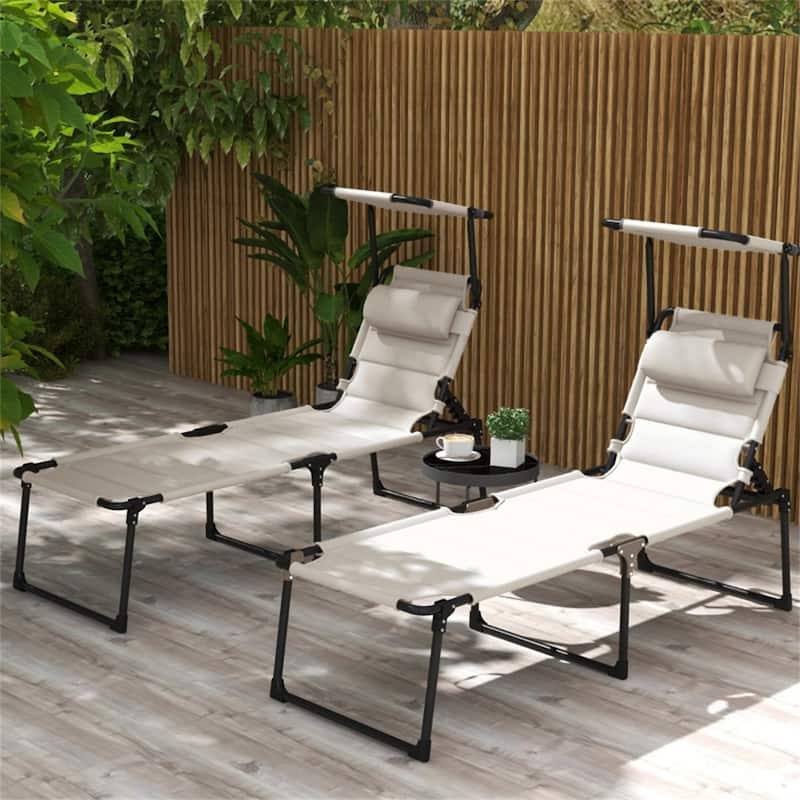 Set of 2 Outdoor Sun Loungers with Padded Oxford Fabric and Adjustable Roof Shade - 27.5" W x 78.75" D x 17.75" H