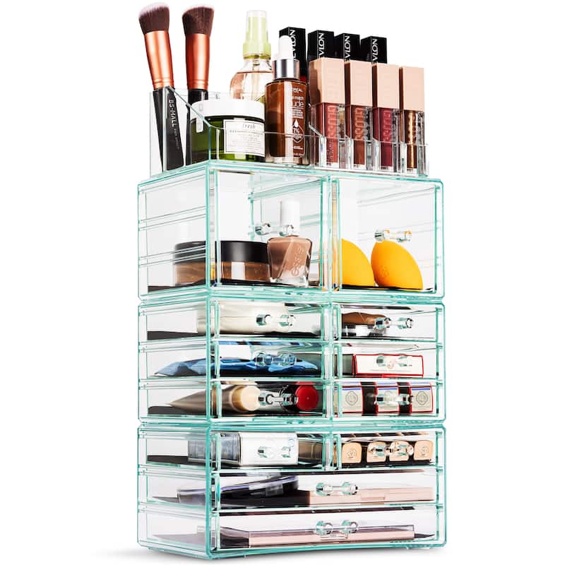 Sorbus Cosmetic Makeup and Jewelry Storage Case with 12 Drawers and 16 Slots - 4-Piece Set - Clear - Teal