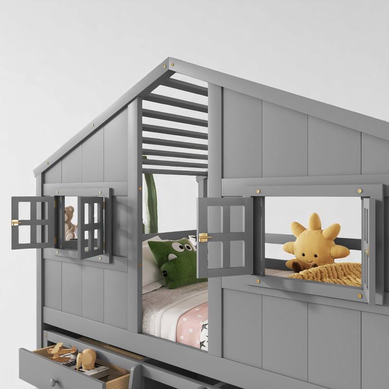 Full House-Themed Loft Bed with Ladder, Roof, Windows, Safety Rails and Storage Drawers for Kids