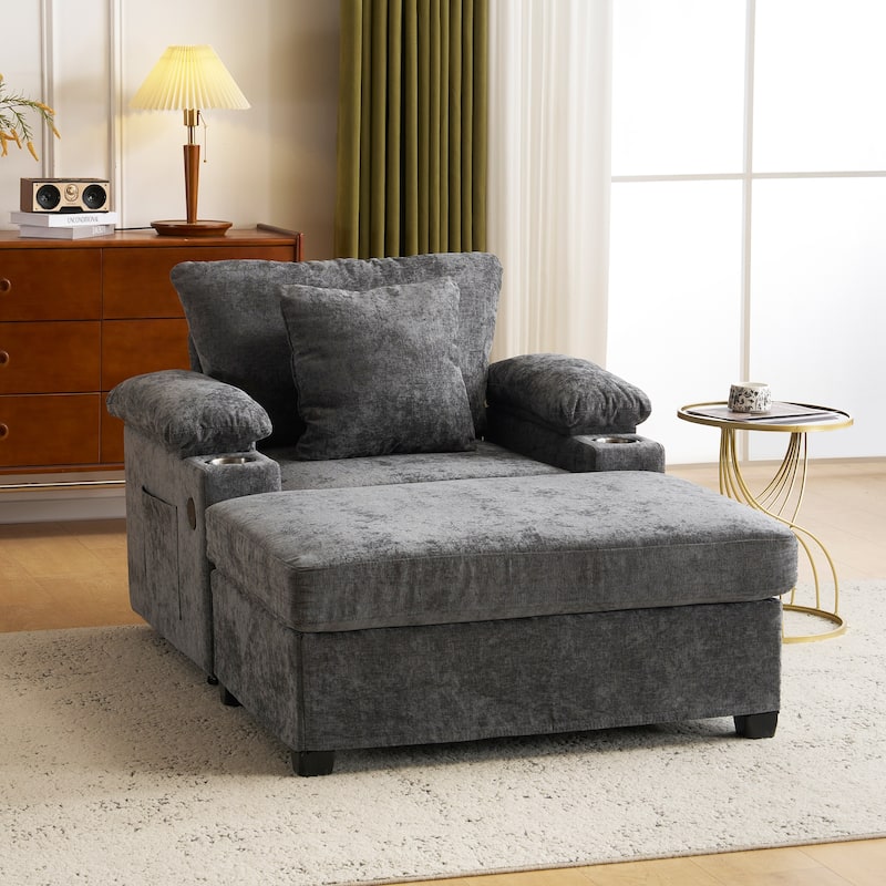 Modern 58" Oversized Chaise Lounger Armchair with Ottoman, Chenille Sleeper Sofa Couch with Charge Station & USB Ports