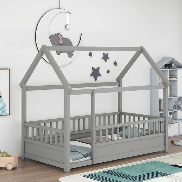 slide 2 of 9, Twin Size Floor Bed Wooden House-shaped Bed Frame with Fence Guardrails & Roof, Twin Size Montessori Bed for Kids Boys Girls Grey - Twin
