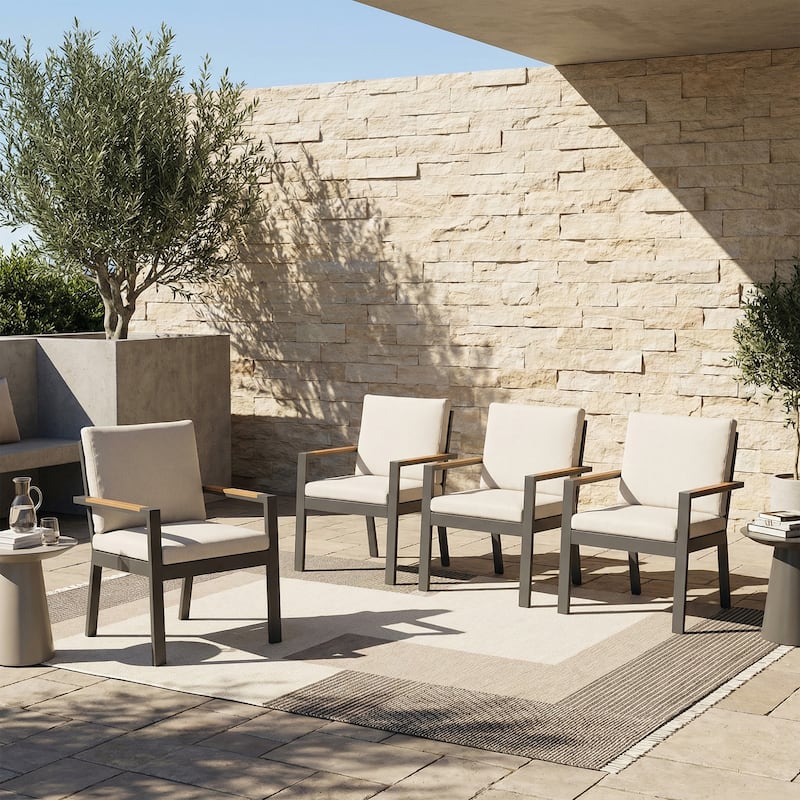 Outdoor Aluminum Dining Chair, Rust-Proof Patio Dining Chairs with Removable Cushions & Faux Wood Armrests - 4 Pieces Black