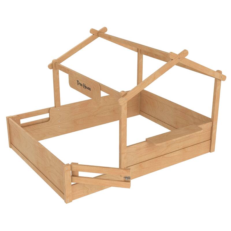 Kids House Floor Bed with Guardrails, Roof & Built-in Tray - Queen/Full/Twin Size, Childlike Design