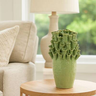 Cior Decorative Vase, Coral Shape Design, 18 Inch Green Ceramic Body