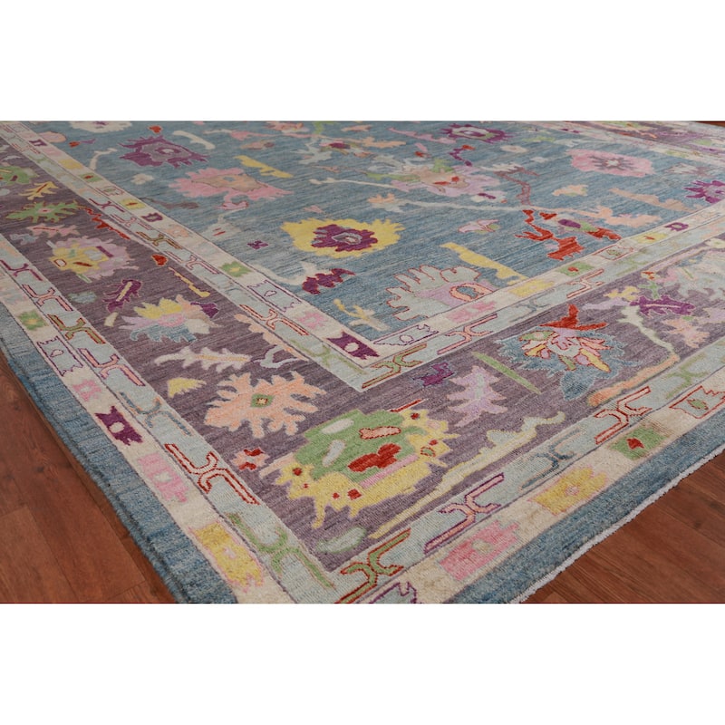Hand Knotted Oriental 100% Wool Carpet Transitional All-Over Navy Blue & Blues Oushak Area Rug - 14' 1'' X 10' 3''