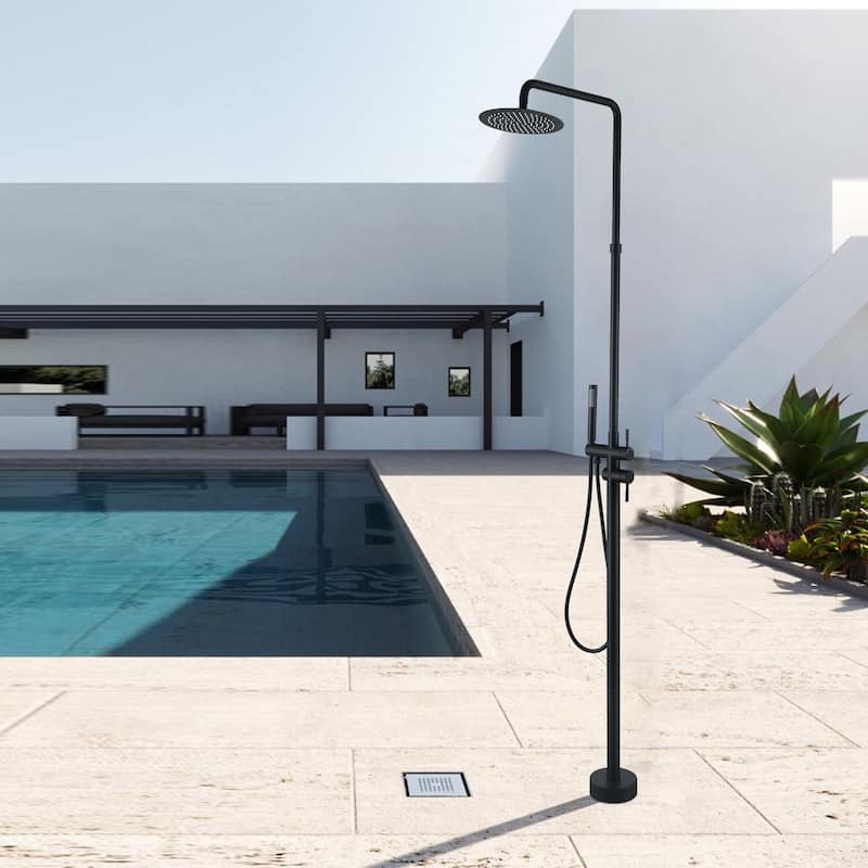 85.82'' H Freestanding Stainless Steel Outdoor Shower, Temperature Controlled Rainfall Shower System - Matte Black