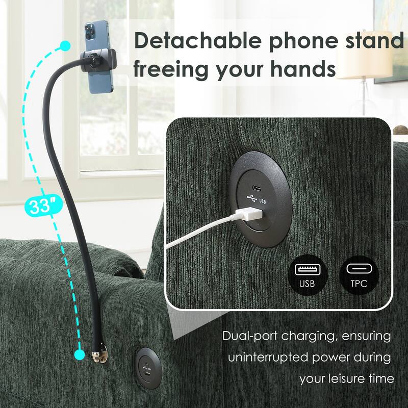 96.5'' 4-Seat Chenille Sectional Sofa, Storage Ottoman, Phone Holder, USB Charger, Green