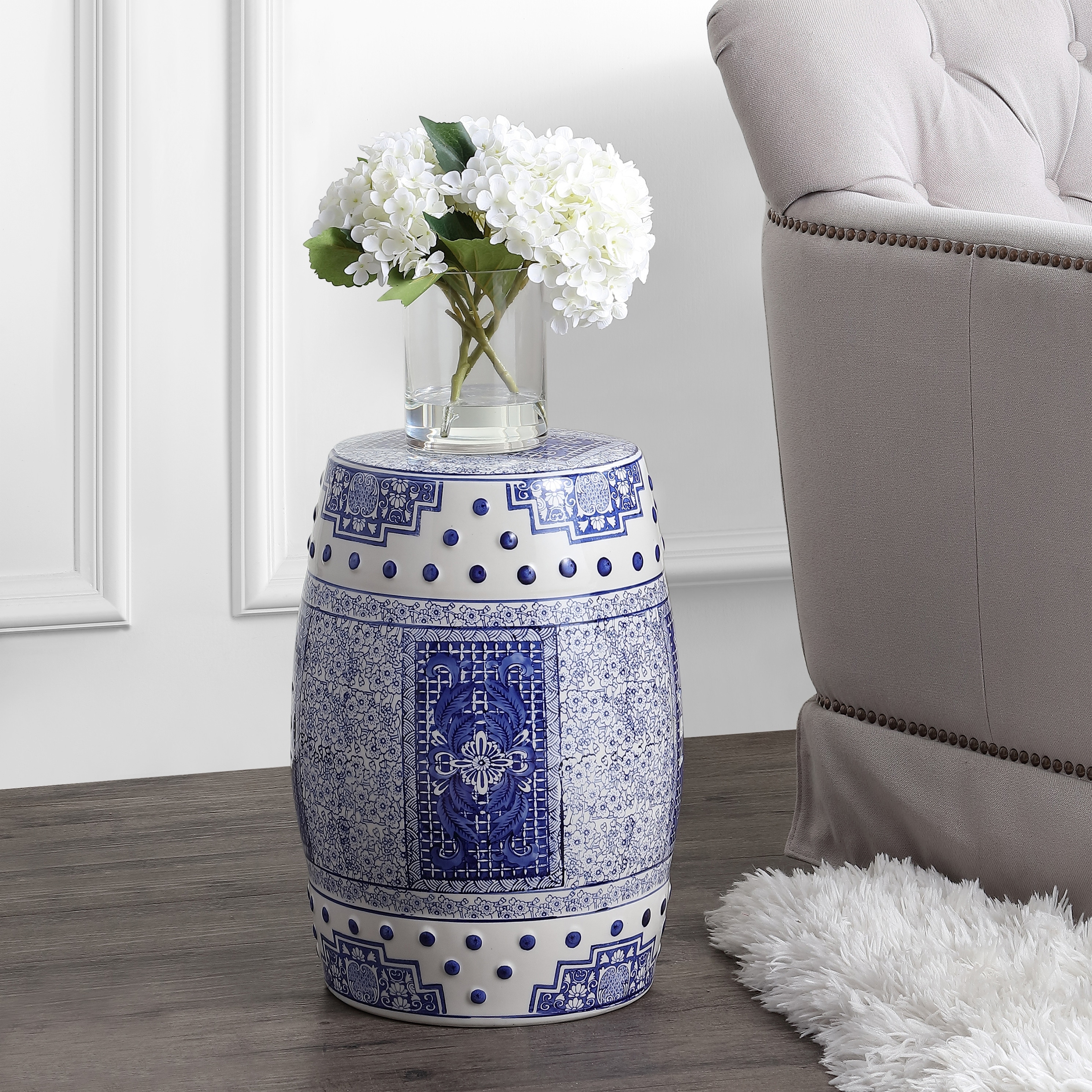 Acanthus Traditional Floral Chinoiserie Ceramic Drum Garden Stool, Pierced Indoor/Outdoor Patio Seat & Side Table