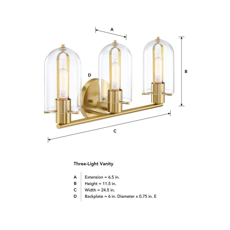 Skylar 24.5 in. 3-Light Brushed Gold Vanity Light with Clear Glass Shades for Bathrooms