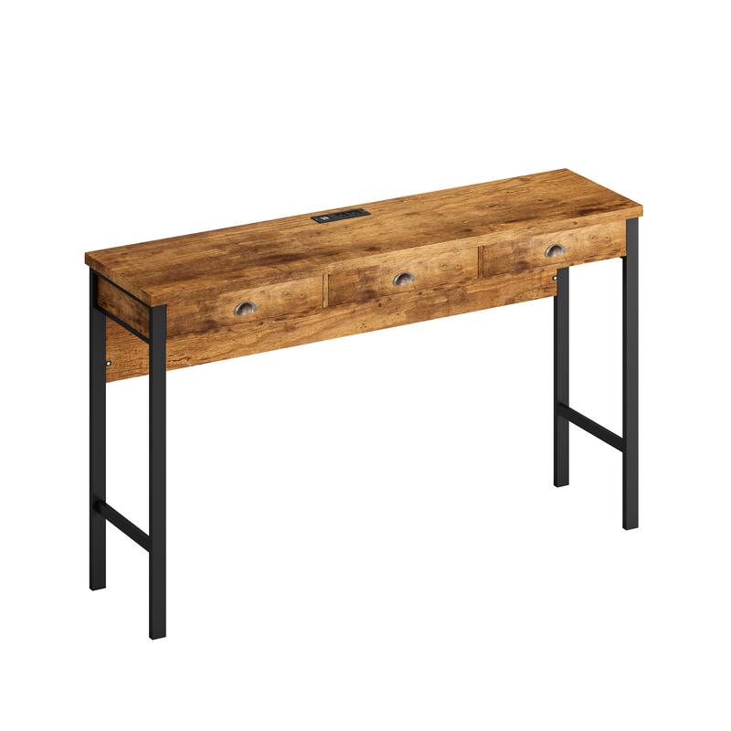 3-Drawer Long Dining Table Set with Power Outlets, Bar Kitchen Table Set with Circular PU Stools, Brown Gray Table+Black Stool