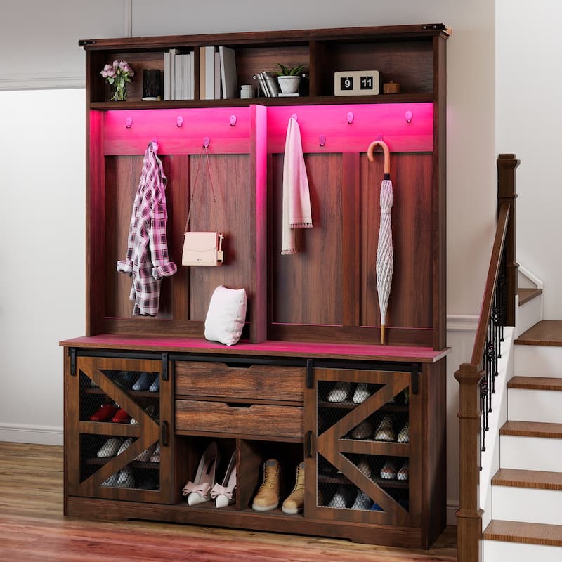 Moasis Hall Tree Coat Rack with 2 Drawers and Seat Bench for Hallway - Walnut/Black