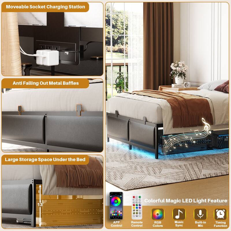 Upholstered Bed Frame with Height Adjustable Headboard,with RGB LED Light and Charging Hub
