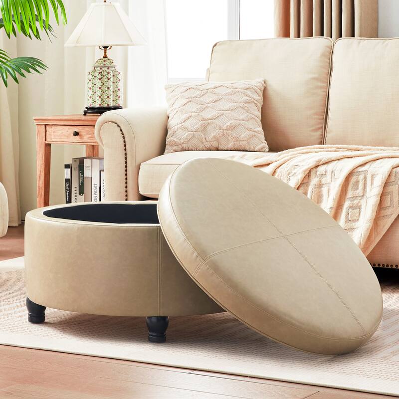 Faux Leather Round Storage Ottoman