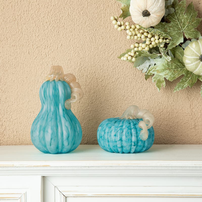 Glitzhome Fall Harvest Handblown Glass Pumpkins Set Thanksgiving Table Centerpieces - Set of 2-Turquoise