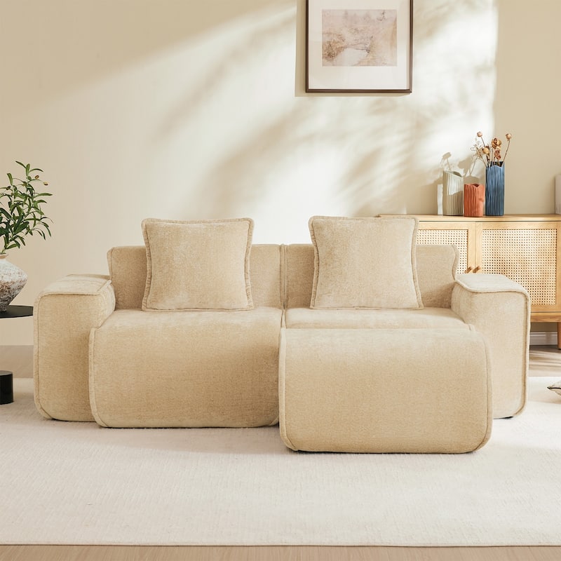 Streamlined Design Modular 2 Seat L Shape Boneless Velvet Fabric Sofa with 1 Movable Ottoman - 8' x 10' - Camel - Left Facing
