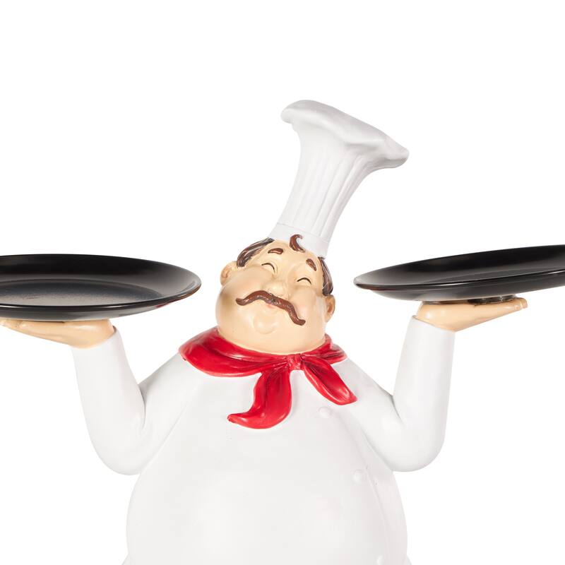 White Polystone Kitchen Decorative Figurine Chef Decorative Sculpture with Black Trays