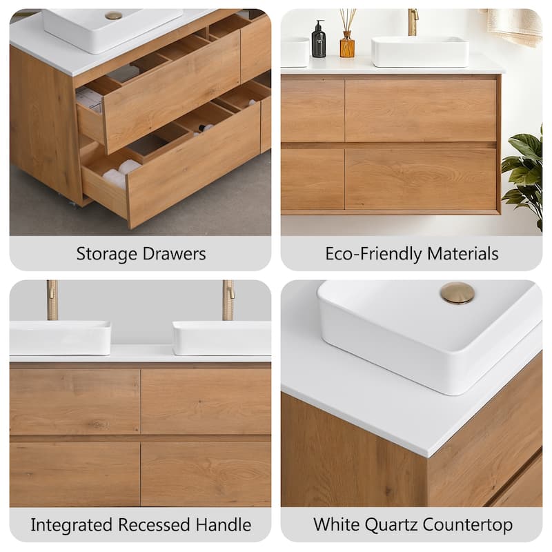 Sylphar 60 inch Toffee Oak Floating Bathroom Vanity with White Quartz Top