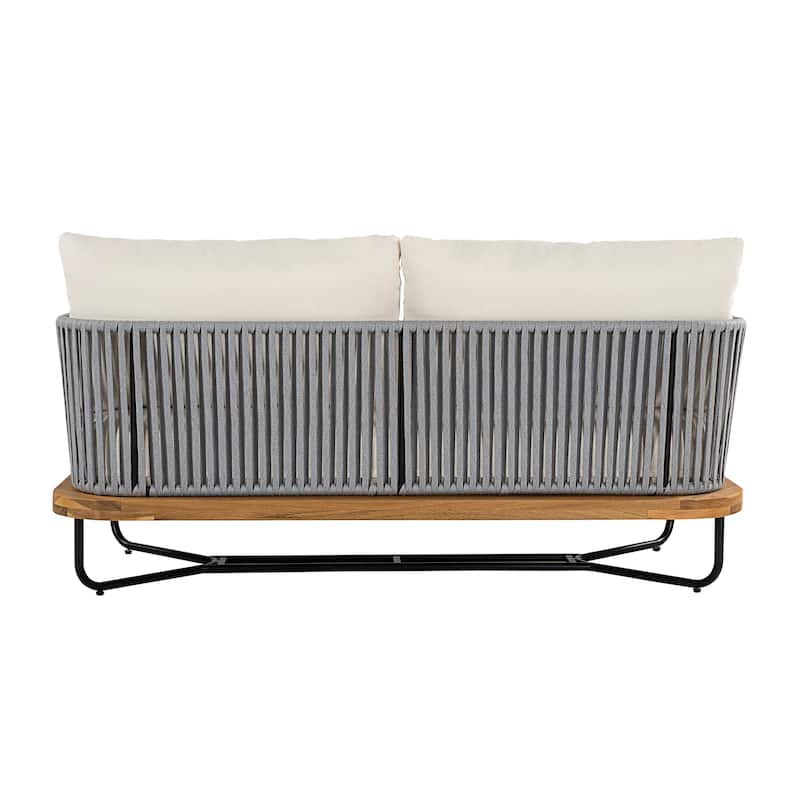 Roomfitters Outdoor Acacia Wood Rope Woven Loveseat with Coffee Table, Durable Frame and Cozy Cushions