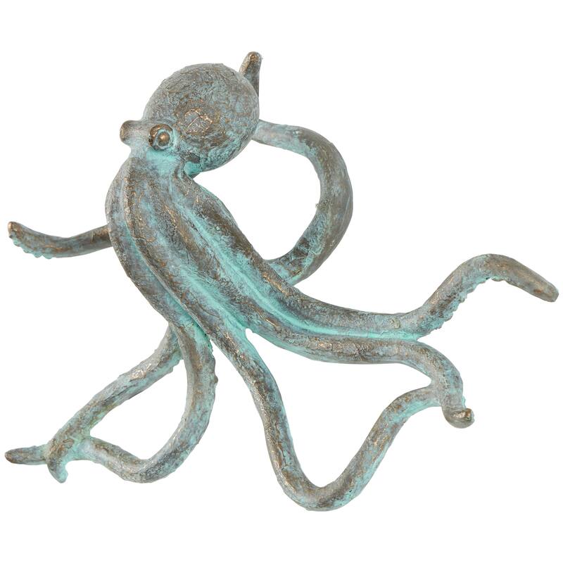 Blue Polystone Distressed Patina Octopus Decorative Sculpture with Gold Foil Accents