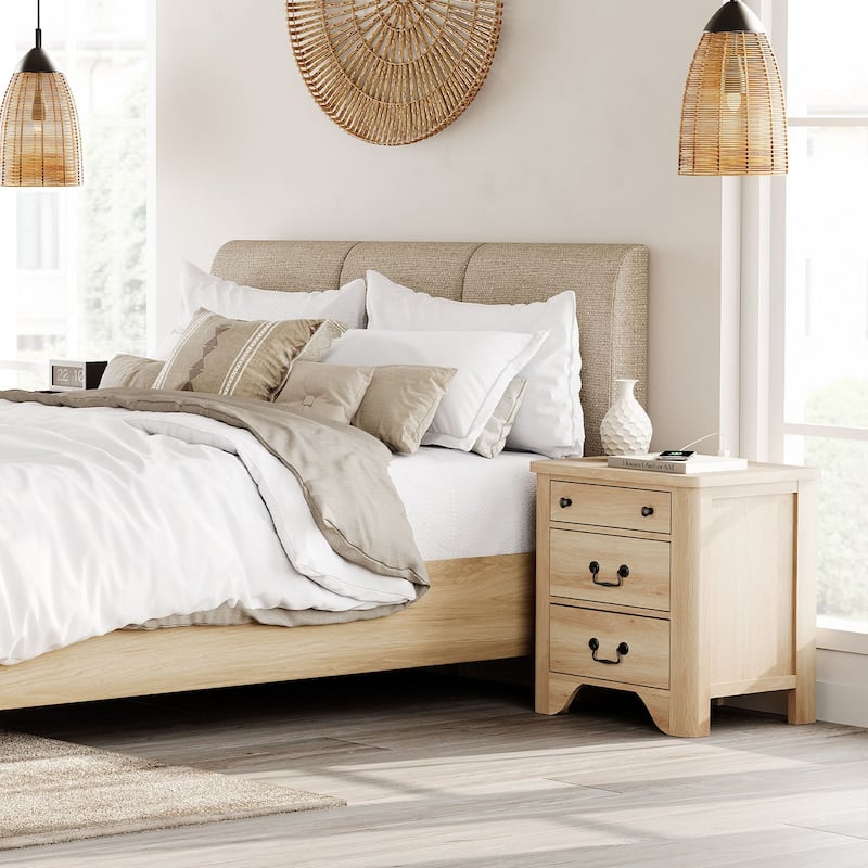 Farmhouse Nightstand with Charging Station, Modern Wood Nightstand