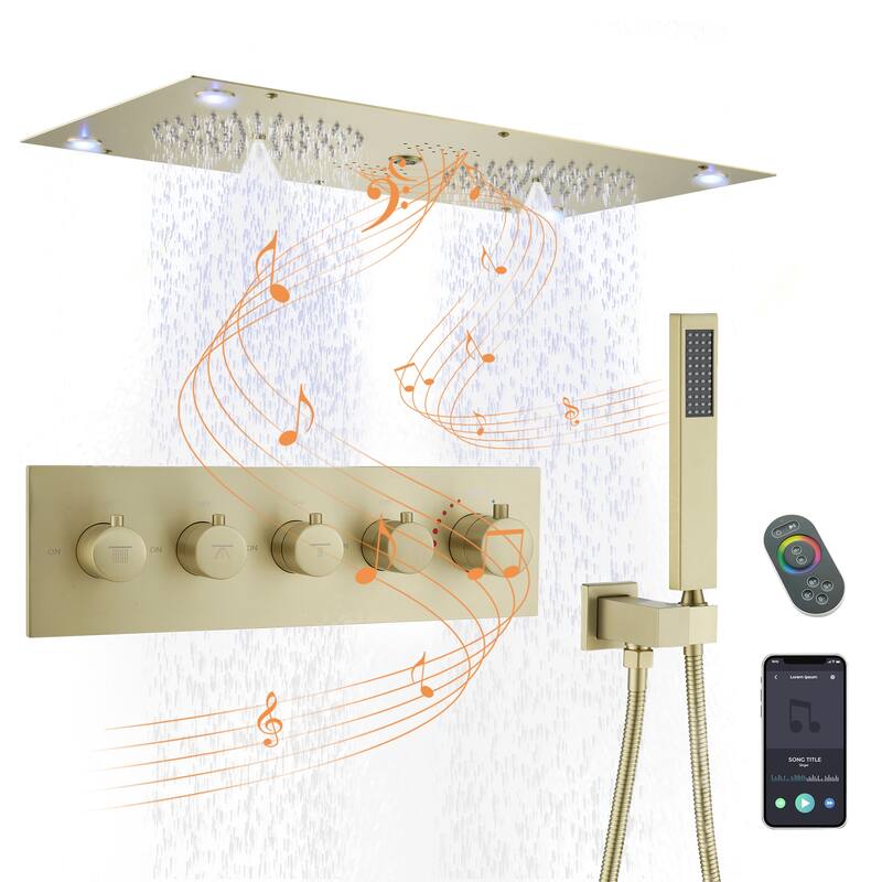 Thermostatic 4-Spray 28 in. x 15 in. Ceiling Mount Fixed and Handheld Dual Shower Head 2.5 GPM with LED Mood Light & Music - Brushed Gold