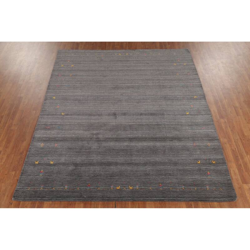 Gray Striped Gabbeh Indian Area Rug Handmade Wool Carpet - 7'10"x 9'7"