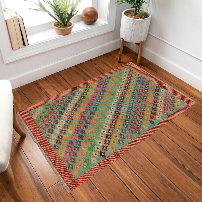 Boho Chic Balochi Owen Blue/Red Hand Knotted Wool Rug - 3'4'' x 5'0''