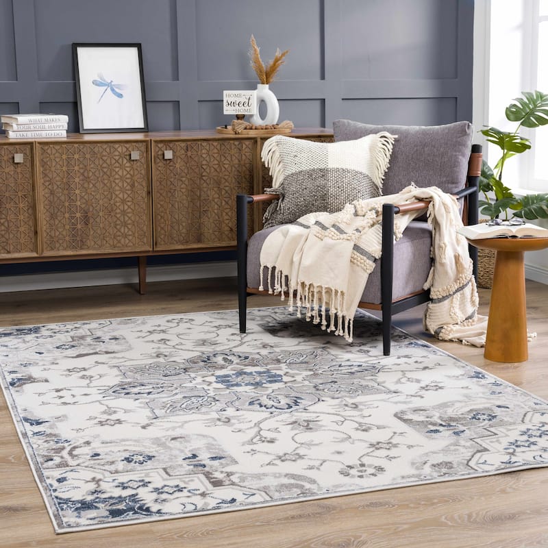 Hauteloom Calum Living Room, Bedroom Area Rug - Farmhouse - High Pile - Pink,Gray - 7'9" x 9'6" - 5'2" x 7' - Blue, Gray, Beige, Brown