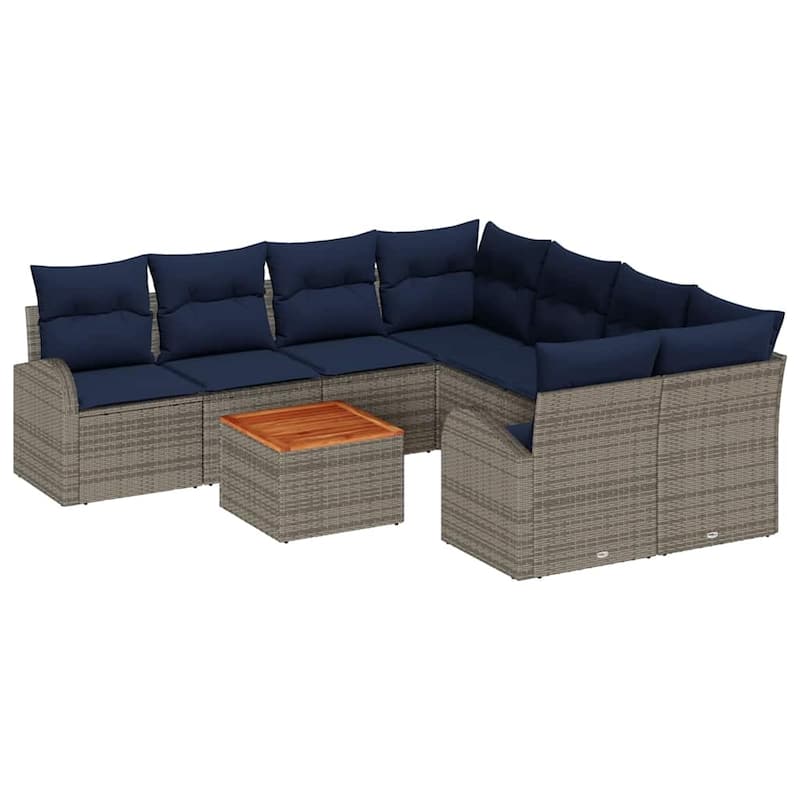 vidaXL 9 Garden Sofa Set with Cushions Black/Grey Poly Rattan - 92.1 x 92.1 x 27.2