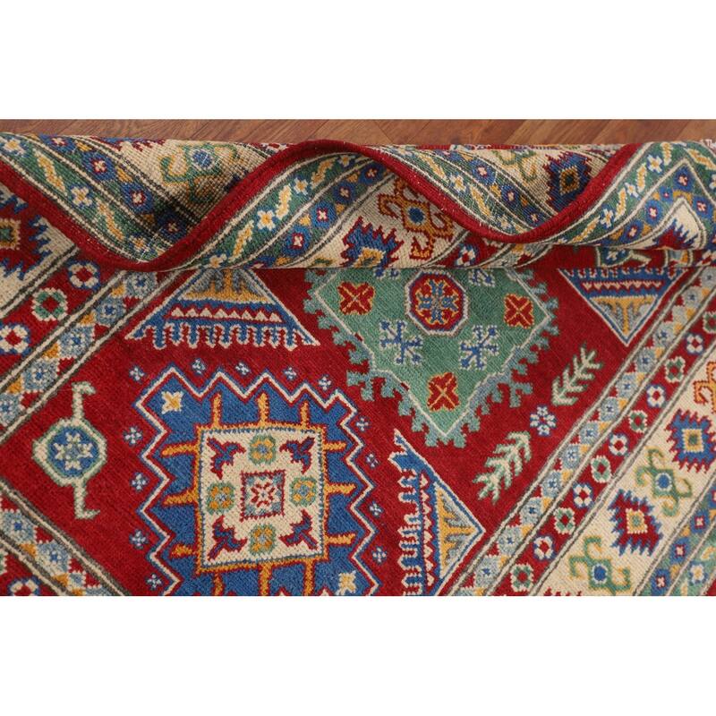 Red Geometric Kazak Oriental Foyer Rug Hand-Knotted Wool Carpet - 3'4" x 5'0"