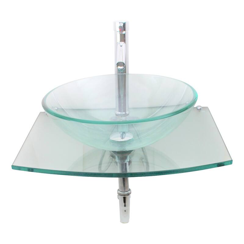 Glass Wall Mount Sink Halo 23.75" Tempered Glass Round Vessel Sink with Chrome Faucet and Sink Drain Renovators Supply