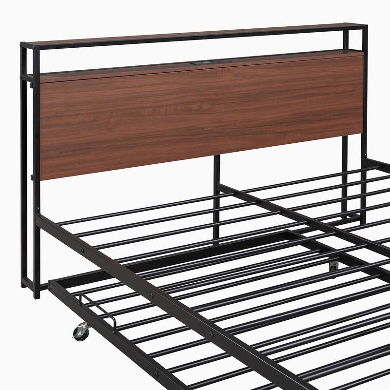 Queen Size Metal Platform Bed with Trundle, USB Ports and Slat Support